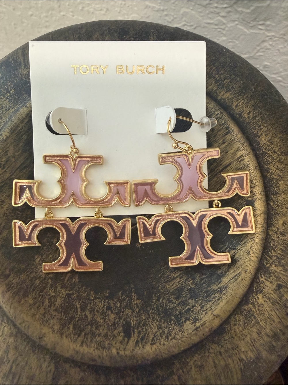 Tory Burch New Candy Pink Enamel Double-Logo Drop Earrings